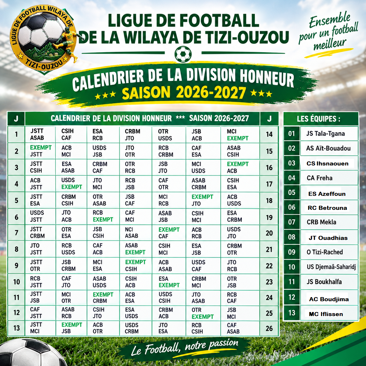 Calendrier de la Division "Honneur" Saison Sportive 2026-2027
