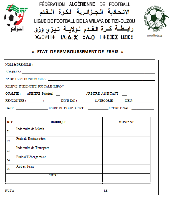 Feuille d'indemnité Arbitre